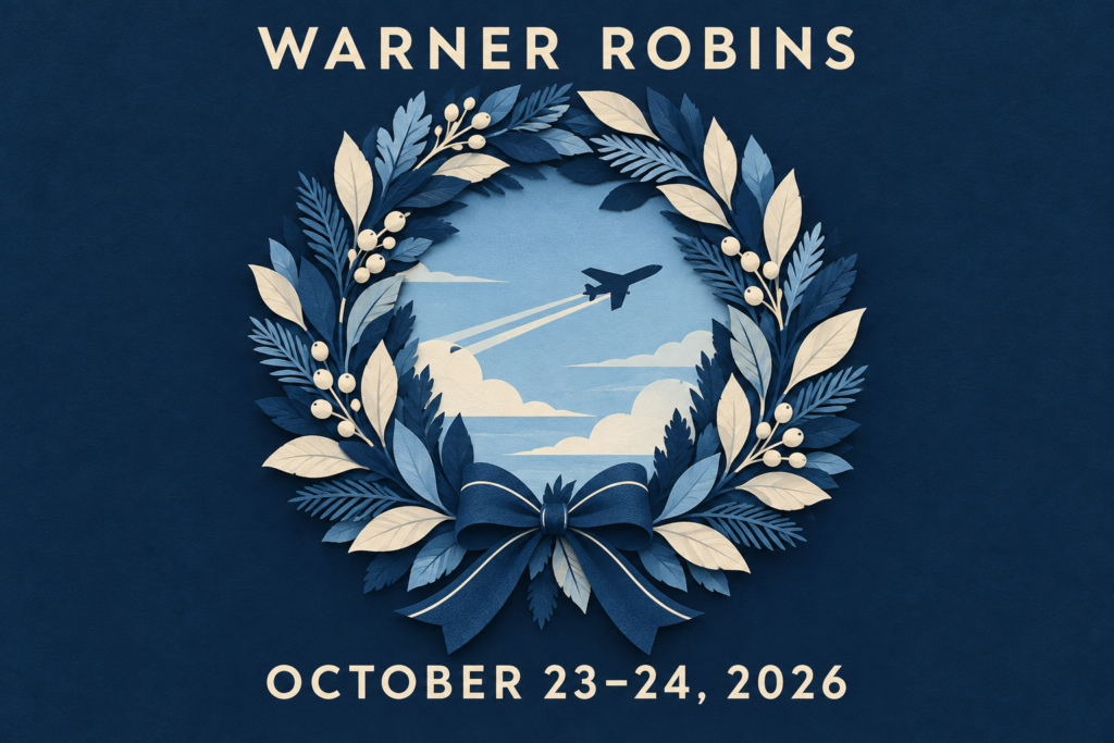 Conceptual blue-and-cream wreath surrounding an airplane silhouette, with Warner Robins and October 23–24, 2026 lettering.