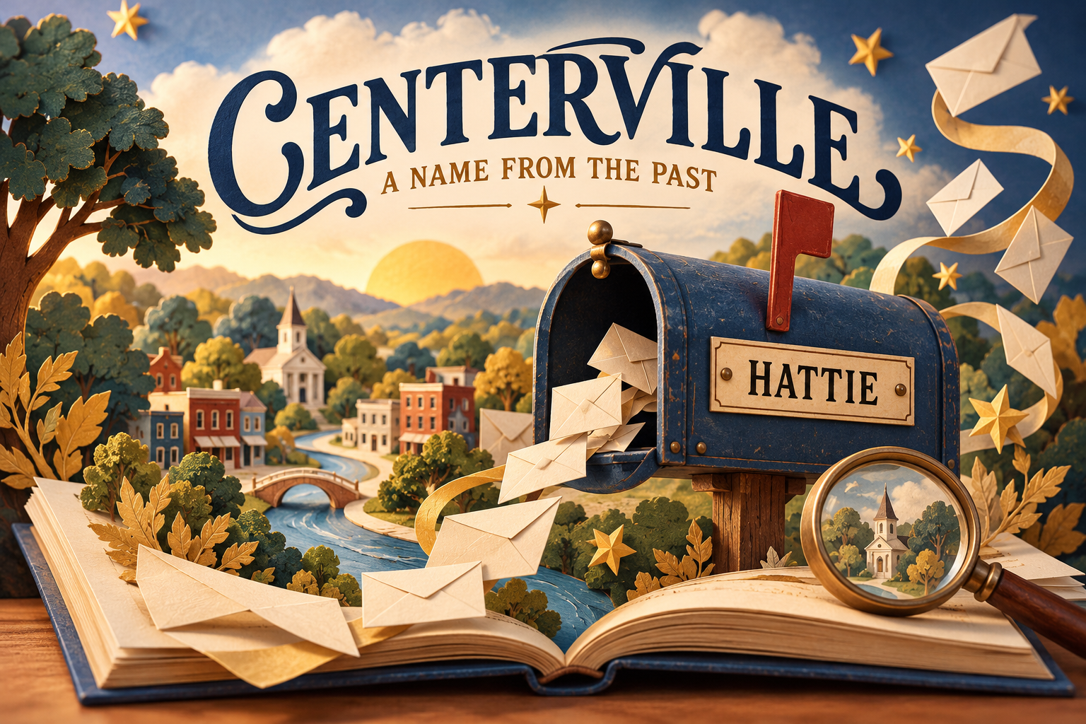 Editorial illustration of a mailbox labeled Hattie with paper envelopes and Centerville A Name from the Past lettering.