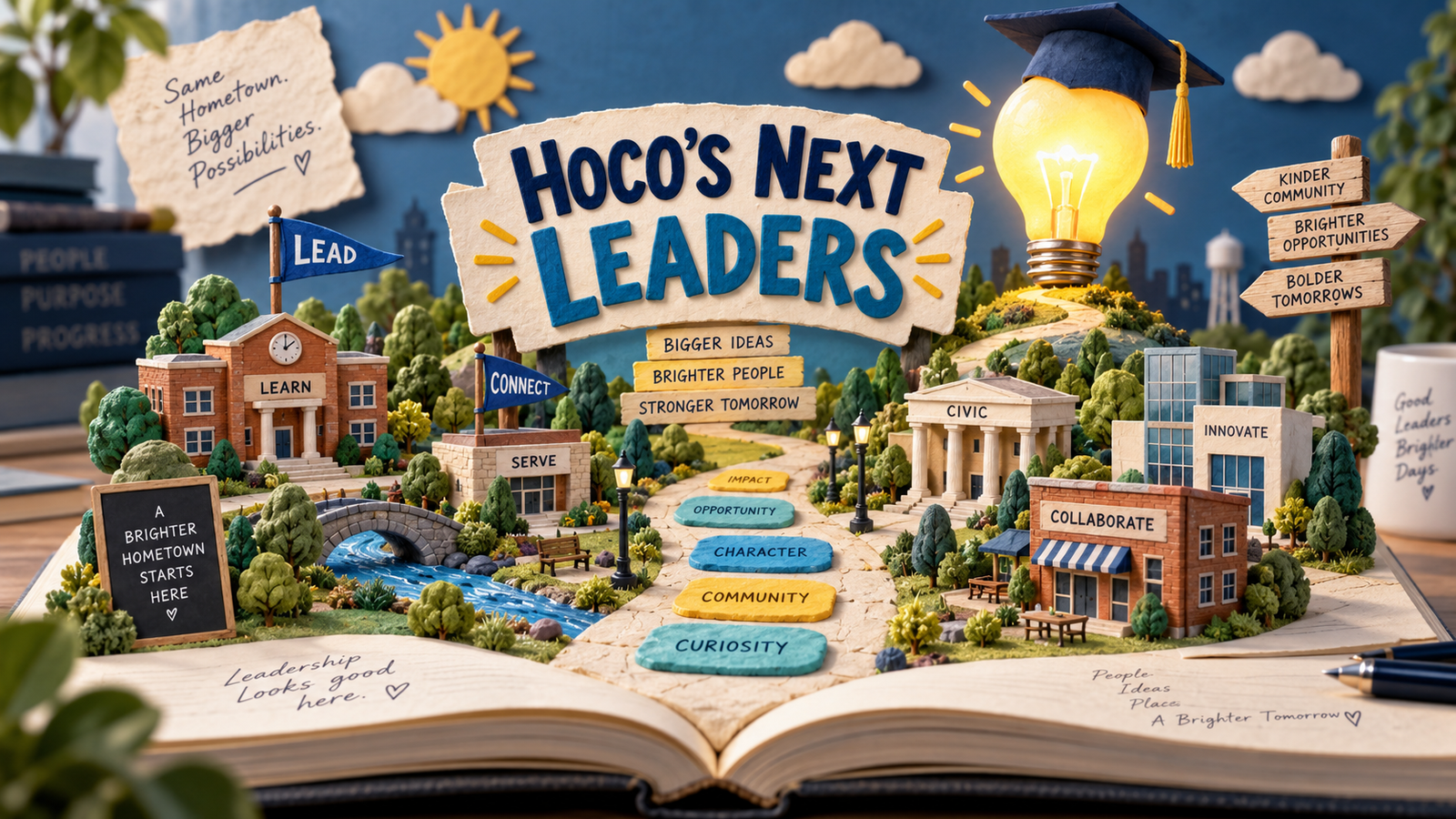 Illustration of a miniature hometown on an open book beneath HoCo’s Next Leaders lettering.