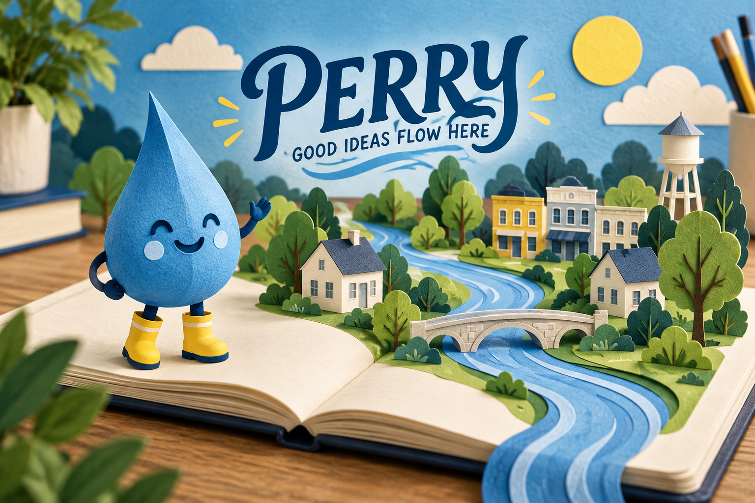 Editorial illustration of a smiling raindrop beside a miniature town on an open book with Perry Good Ideas Flow Here lettering.