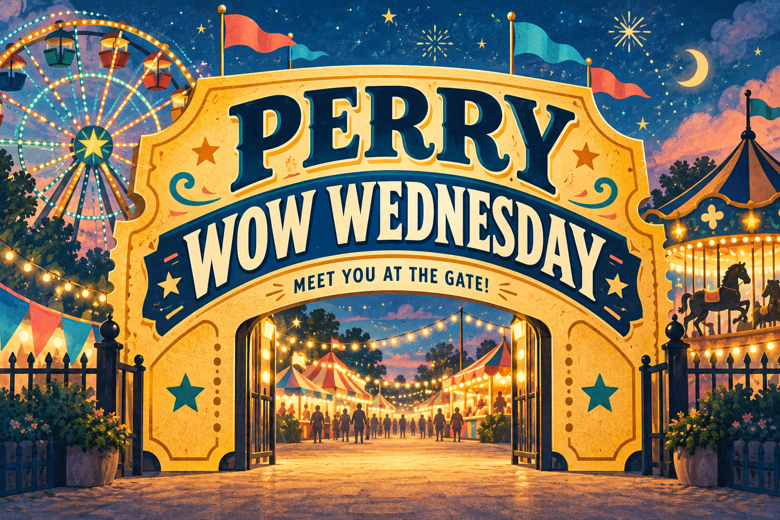 Illustration of a golden admission-ticket gate and colorful fair rides with Perry WOW Wednesday lettering.