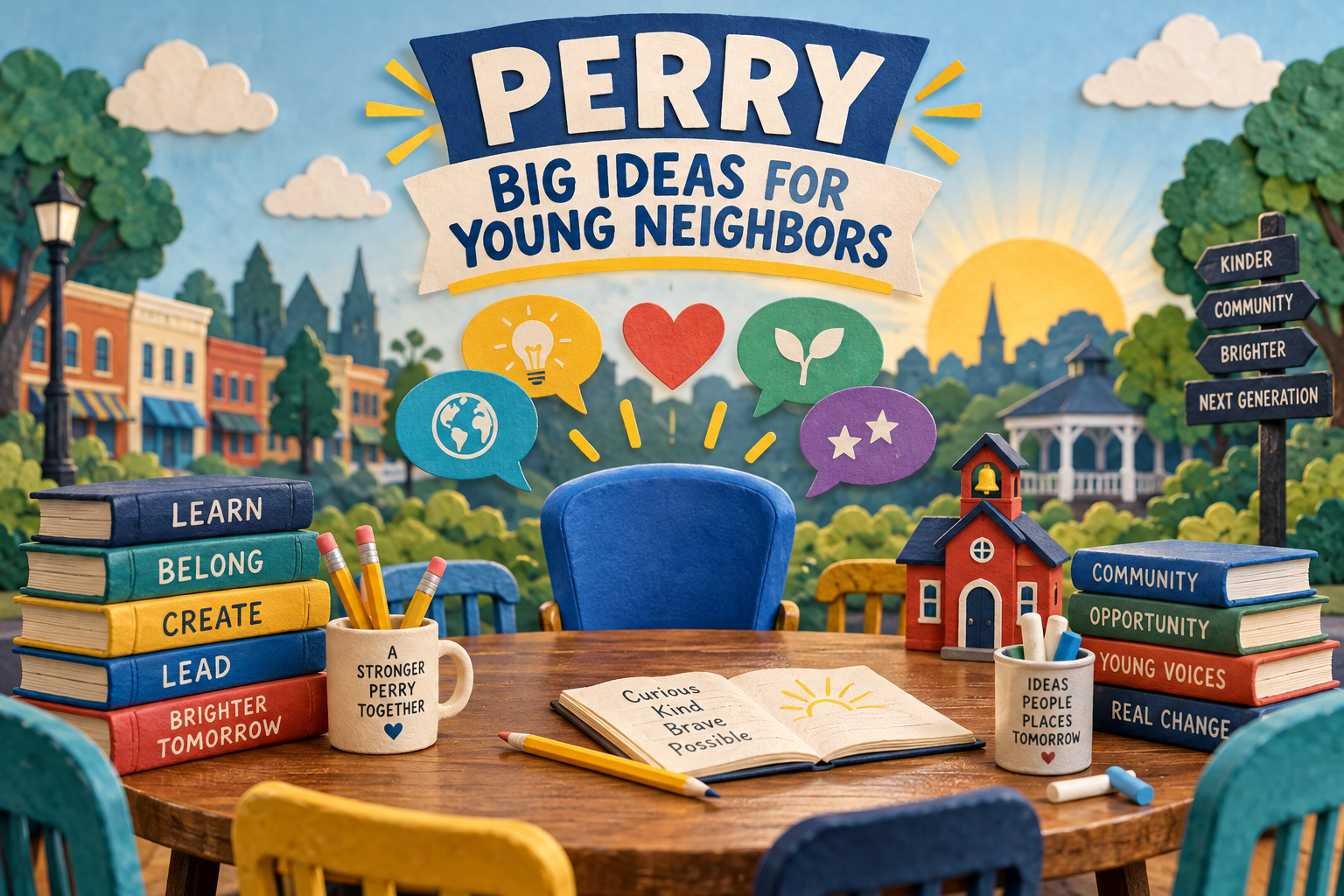 Illustration of a blue chair at a table of schoolbooks beneath Perry Big Ideas for Young Neighbors lettering.