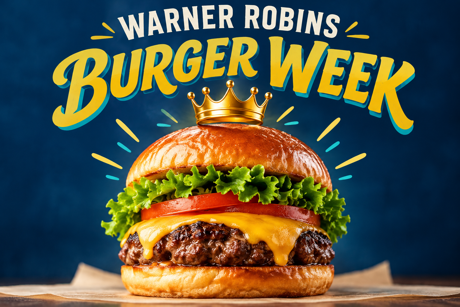 Illustration of a crowned cheeseburger beneath Warner Robins Burger Week lettering.