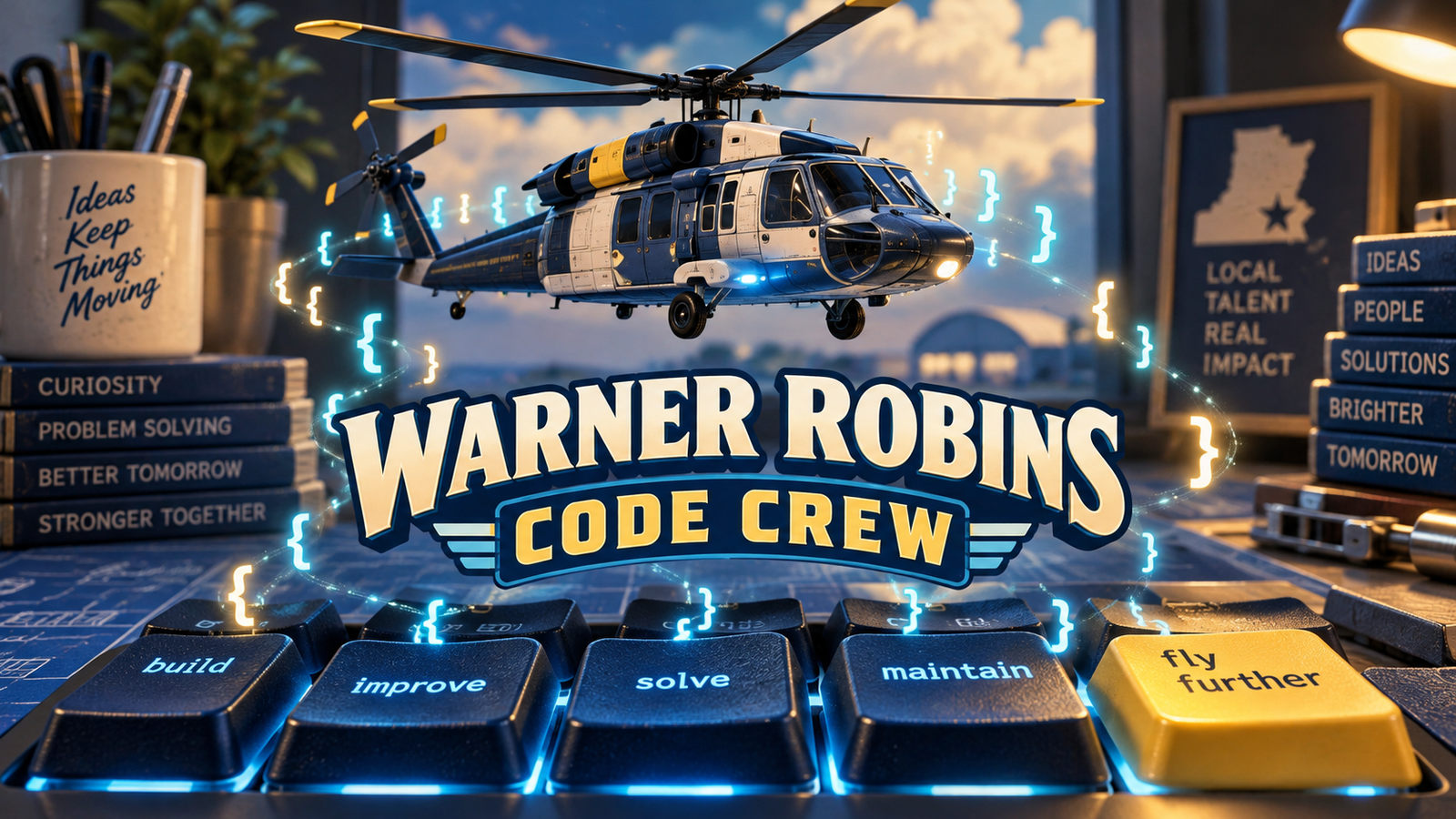 Illustration of a toy rescue helicopter above a keyboard with Warner Robins Code Crew lettering.