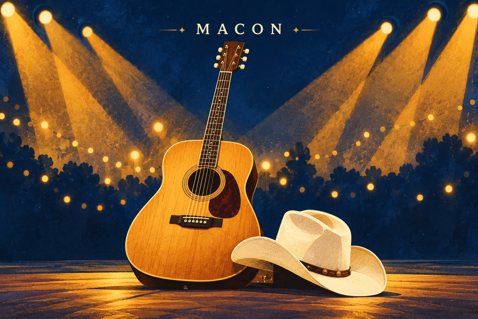 Original illustration of an acoustic guitar and cream cowboy hat under golden stage lights, with MACON above a navy night backdrop.
