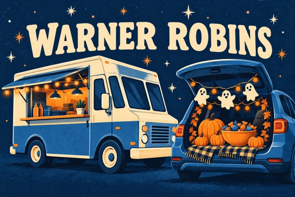 Illustration of a food truck beside a pumpkin-and-ghost-decorated open car trunk beneath Warner Robins lettering.